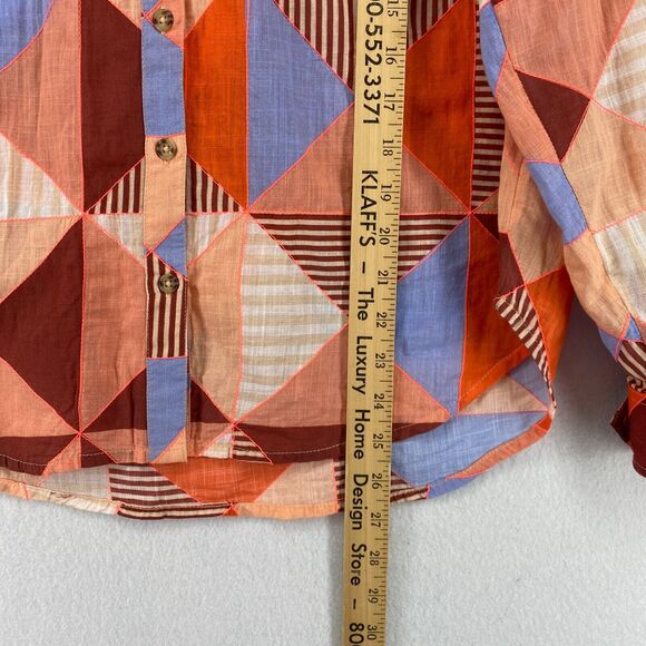 MAEVE ANTHROPOLOGIE Top L Patchwork Shirt Button Front Roll Tab Sleeve Pink Blue - Picture 12 of 16